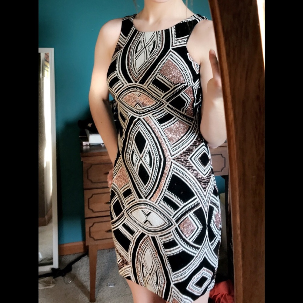 Black, white, and pink bodycon semi formal dress
